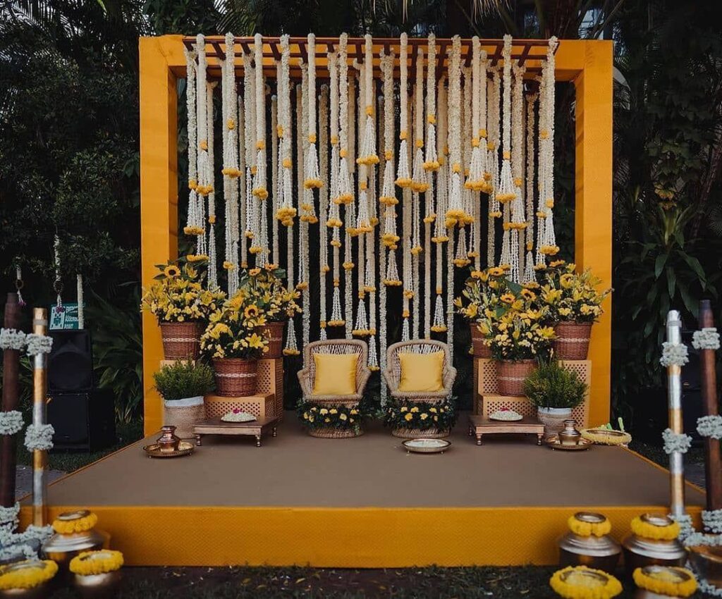 minimalist haldi decoration ideas at home with simple elegant setup