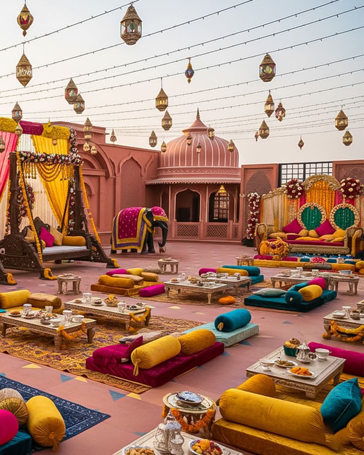 Indian wedding theme ideas haldi ceremony decoration setup