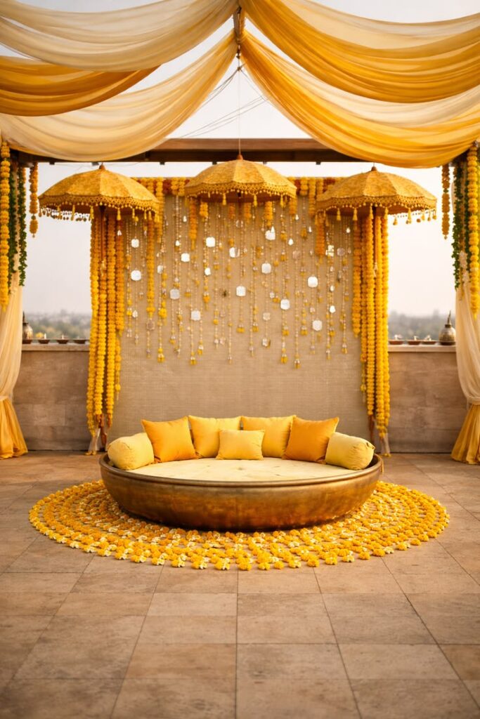 yellow theme haldi decoration ideas at home with drapes and flowers