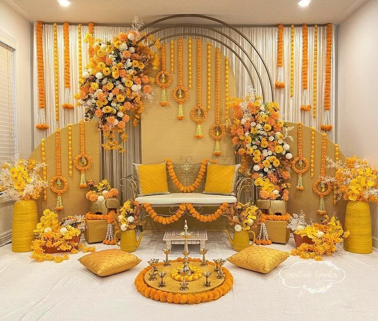 beautiful backdrop haldi decoration ideas at home for photos