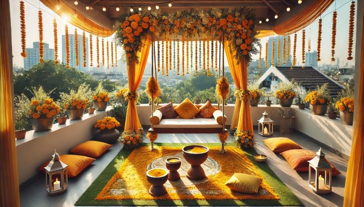 outdoor haldi decoration ideas at home on terrace with natural light